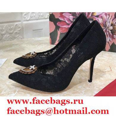 Dolce & Gabbana Heel 10.5cm Taormina Lace Pumps Black with Devotion Heart 2021
